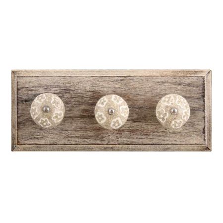 White Floral Crackle Ceramic  Wooden Hook